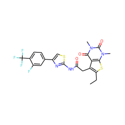 CCc1sc2c(c1CC(=O)Nc1nc(-c3ccc(C(F)(F)F)c(F)c3)cs1)c(=O)n(C)c(=O)n2C ZINC000113910838