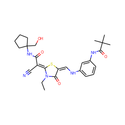 CCn1c(=O)/c(=C\Nc2cccc(NC(=O)C(C)(C)C)c2)s/c1=C(/C#N)C(=O)NC1(CO)CCCC1 ZINC000101204998