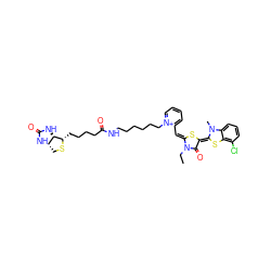 CCn1c(=O)/c(=C2\Sc3c(Cl)cccc3N2C)s/c1=C\c1cccc[n+]1CCCCCCNC(=O)CCCC[C@@H]1SC[C@@H]2NC(=O)N[C@H]12 ZINC000150525116