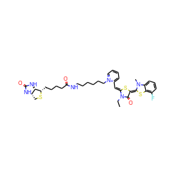 CCn1c(=O)/c(=C2\Sc3c(F)cccc3N2C)s/c1=C\c1cccc[n+]1CCCCCCNC(=O)CCCC[C@@H]1SC[C@@H]2NC(=O)N[C@H]12 ZINC000150525165