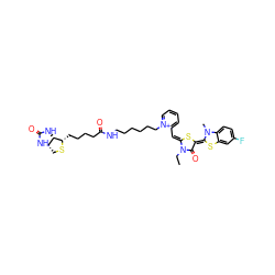 CCn1c(=O)/c(=C2\Sc3cc(F)ccc3N2C)s/c1=C\c1cccc[n+]1CCCCCCNC(=O)CCCC[C@@H]1SC[C@@H]2NC(=O)N[C@H]12 ZINC000150524803