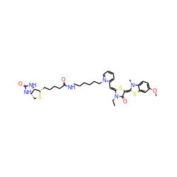 CCn1c(=O)/c(=C2\Sc3cc(OC)ccc3N2C)s/c1=C\c1cccc[n+]1CCCCCCNC(=O)CCCC[C@@H]1SC[C@@H]2NC(=O)N[C@H]12 ZINC000150525202