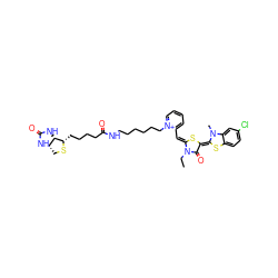 CCn1c(=O)/c(=C2\Sc3ccc(Cl)cc3N2C)s/c1=C\c1cccc[n+]1CCCCCCNC(=O)CCCC[C@@H]1SC[C@@H]2NC(=O)N[C@H]12 ZINC000150524707