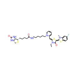 CCn1c(=O)/c(=C2\Sc3ccc(F)cc3N2C)s/c1=C\c1cccc[n+]1CCCCCCNC(=O)CCCC[C@@H]1SC[C@@H]2NC(=O)N[C@H]12 ZINC000150524914