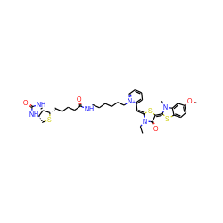 CCn1c(=O)/c(=C2\Sc3ccc(OC)cc3N2C)s/c1=C\c1cccc[n+]1CCCCCCNC(=O)CCCC[C@@H]1SC[C@@H]2NC(=O)N[C@H]12 ZINC000150525232