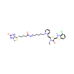 CCn1c(=O)/c(=C2\Sc3cccc(Cl)c3N2C)s/c1=C\c1cccc[n+]1CCCCCCNC(=O)CCCC[C@@H]1SC[C@@H]2NC(=O)N[C@H]12 ZINC000150525271