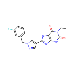 CCn1c(=O)[nH]c2nc(-c3cnn(Cc4cccc(F)c4)c3)[nH]c2c1=O ZINC000029037281