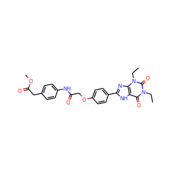 CCn1c(=O)c2[nH]c(-c3ccc(OCC(=O)Nc4ccc(CC(=O)OC)cc4)cc3)nc2n(CC)c1=O ZINC000026256970