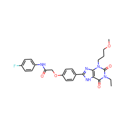 CCn1c(=O)c2[nH]c(-c3ccc(OCC(=O)Nc4ccc(F)cc4)cc3)nc2n(CCCOC)c1=O ZINC000043060545