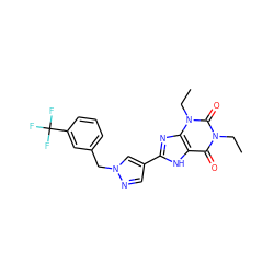 CCn1c(=O)c2[nH]c(-c3cnn(Cc4cccc(C(F)(F)F)c4)c3)nc2n(CC)c1=O ZINC000029056243