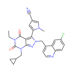 CCn1c(=O)c2c(-c3cc(C#N)cn3C)n(Cc3ccnc4ccc(Cl)cc34)nc2n(CC2CC2)c1=O ZINC000084732564