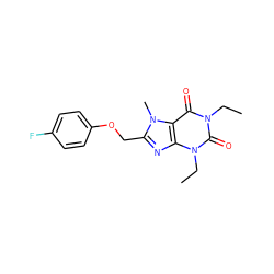 CCn1c(=O)c2c(nc(COc3ccc(F)cc3)n2C)n(CC)c1=O ZINC001772612388