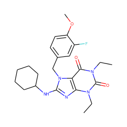 CCn1c(=O)c2c(nc(NC3CCCCC3)n2Cc2ccc(OC)c(F)c2)n(CC)c1=O ZINC000013860288