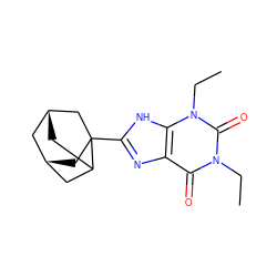 CCn1c(=O)c2nc(C34C[C@@H]5CC3C[C@H](C5)C4)[nH]c2n(CC)c1=O ZINC000100643572