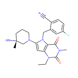 CCn1c(=O)n(C)c(=O)c2c1cc(N1CCC[C@@](C)(N)C1)n2Cc1cc(F)ccc1C#N ZINC000064560304