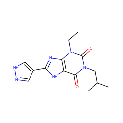 CCn1c(=O)n(CC(C)C)c(=O)c2[nH]c(-c3cn[nH]c3)nc21 ZINC000029055484