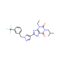 CCn1c(=O)n(CC(C)C)c(=O)c2[nH]c(-c3cnn(Cc4cccc(C(F)(F)F)c4)c3)nc21 ZINC000029055476