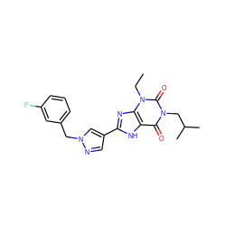 CCn1c(=O)n(CC(C)C)c(=O)c2[nH]c(-c3cnn(Cc4cccc(F)c4)c3)nc21 ZINC000029055472