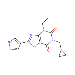 CCn1c(=O)n(CC2CC2)c(=O)c2[nH]c(-c3cn[nH]c3)nc21 ZINC000029055567