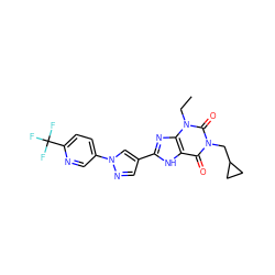 CCn1c(=O)n(CC2CC2)c(=O)c2[nH]c(-c3cnn(-c4ccc(C(F)(F)F)nc4)c3)nc21 ZINC000029056571