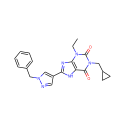 CCn1c(=O)n(CC2CC2)c(=O)c2[nH]c(-c3cnn(Cc4ccccc4)c3)nc21 ZINC000029055559