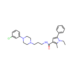 CCn1c(-c2ccccc2)cc(C(=O)NCCCN2CCN(c3cccc(Cl)c3)CC2)c1C ZINC000049089180