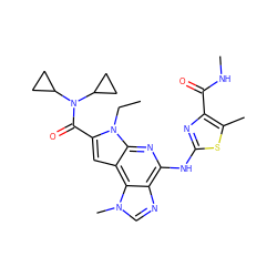 CCn1c(C(=O)N(C2CC2)C2CC2)cc2c3c(ncn3C)c(Nc3nc(C(=O)NC)c(C)s3)nc21 ZINC000169122561