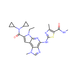 CCn1c(C(=O)N(C2CC2)C2CC2)cc2c3c(ncn3C)c(Nc3nc(C)c(C(=O)NC)s3)nc21 ZINC000169269617