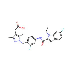 CCn1c(C(=O)Nc2ccc(Cn3nc(C)c(CC(=O)O)c3C)c(F)c2)cc2ccc(F)cc21 ZINC000169703204