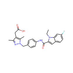 CCn1c(C(=O)Nc2ccc(Cn3nc(C)c(CC(=O)O)c3C)cc2)cc2ccc(F)cc21 ZINC000169703194