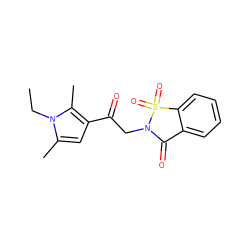 CCn1c(C)cc(C(=O)CN2C(=O)c3ccccc3S2(=O)=O)c1C ZINC000007155396