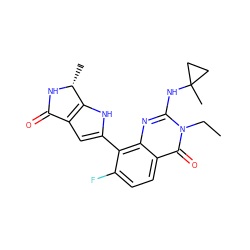 CCn1c(NC2(C)CC2)nc2c(-c3cc4c([nH]3)[C@@H](C)NC4=O)c(F)ccc2c1=O ZINC000223436588