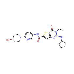 CCn1c(NC2CCCC2)nc2cc(C(=O)Nc3ccc(N4CCC(O)CC4)nc3)sc2c1=O ZINC000299835052