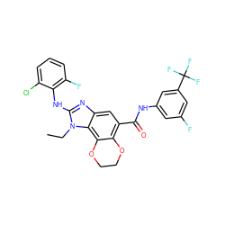 CCn1c(Nc2c(F)cccc2Cl)nc2cc(C(=O)Nc3cc(F)cc(C(F)(F)F)c3)c3c(c21)OCCO3 ZINC000221944875