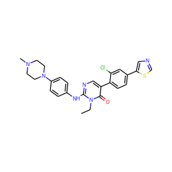 CCn1c(Nc2ccc(N3CCN(C)CC3)cc2)ncc(-c2ccc(-c3cncs3)cc2Cl)c1=O ZINC000473087999