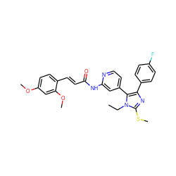 CCn1c(SC)nc(-c2ccc(F)cc2)c1-c1ccnc(NC(=O)/C=C/c2ccc(OC)cc2OC)c1 ZINC000064526993