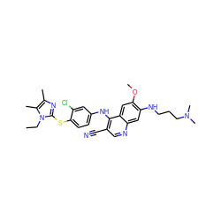 CCn1c(Sc2ccc(Nc3c(C#N)cnc4cc(NCCCN(C)C)c(OC)cc34)cc2Cl)nc(C)c1C ZINC000044387163