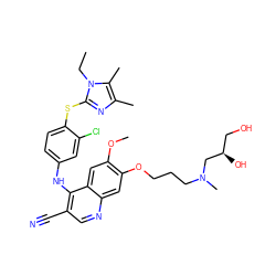 CCn1c(Sc2ccc(Nc3c(C#N)cnc4cc(OCCCN(C)C[C@H](O)CO)c(OC)cc34)cc2Cl)nc(C)c1C ZINC000044306082