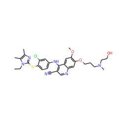 CCn1c(Sc2ccc(Nc3c(C#N)cnc4cc(OCCCN(C)CCO)c(OC)cc34)cc2Cl)nc(C)c1C ZINC000042850786