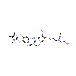 CCn1c(Sc2ccc(Nc3c(C#N)cnc4cc(OCCCN(CCO)C(C)(C)C)c(OC)cc34)cc2Cl)nc(C)c1C ZINC000044361602