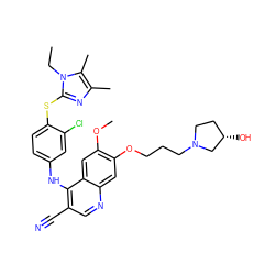 CCn1c(Sc2ccc(Nc3c(C#N)cnc4cc(OCCCN5CC[C@H](O)C5)c(OC)cc34)cc2Cl)nc(C)c1C ZINC000042803297