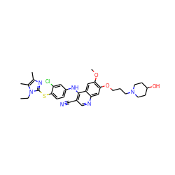 CCn1c(Sc2ccc(Nc3c(C#N)cnc4cc(OCCCN5CCC(O)CC5)c(OC)cc34)cc2Cl)nc(C)c1C ZINC000042804851