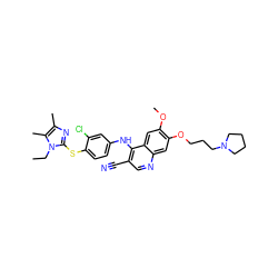 CCn1c(Sc2ccc(Nc3c(C#N)cnc4cc(OCCCN5CCCC5)c(OC)cc34)cc2Cl)nc(C)c1C ZINC000042803643