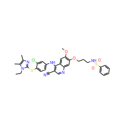 CCn1c(Sc2ccc(Nc3c(C#N)cnc4cc(OCCCNS(=O)(=O)c5ccccc5)c(OC)cc34)cc2Cl)nc(C)c1C ZINC000049823112