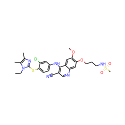 CCn1c(Sc2ccc(Nc3c(C#N)cnc4cc(OCCCNS(C)(=O)=O)c(OC)cc34)cc2Cl)nc(C)c1C ZINC000044406564