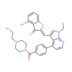 CCn1cc(/C=C2\Oc3cccc(O)c3C2=O)c2c(-c3ccc(C(=O)N4CCN(CCO)CC4)cc3)ccnc21 ZINC000049793625