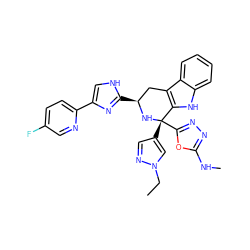 CCn1cc([C@@]2(c3nnc(NC)o3)N[C@@H](c3nc(-c4ccc(F)cn4)c[nH]3)Cc3c2[nH]c2ccccc32)cn1 ZINC000148627990