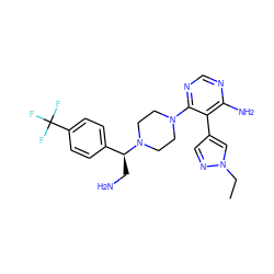 CCn1cc(-c2c(N)ncnc2N2CCN([C@@H](CN)c3ccc(C(F)(F)F)cc3)CC2)cn1 ZINC000218672261