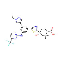 CCn1cc(-c2cc(Nc3nccc(C(F)(F)F)n3)cc(-c3cnc([C@@]4(O)CC[C@H](C(=O)O)C(C)(C)C4)s3)c2)cn1 ZINC000221392915