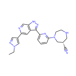 CCn1cc(-c2cc3c(-c4cccc(N5CCNC[C@H](C#N)C5)n4)n[nH]c3cn2)cn1 ZINC000205263571